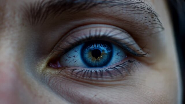 Close-up of a human eye with striking blue iris and detailed eyelashes, showcasing the intricate patterns and textures of the eye in natural lighting