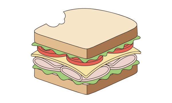 Minimalist black line art of a club sandwich with a bite mark on a white background culinary food concept