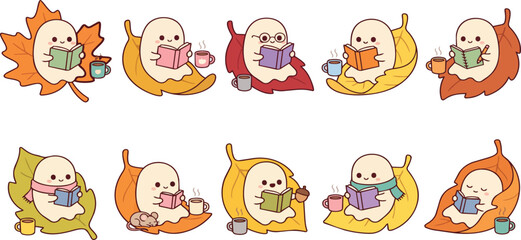 Obraz premium Set of cute cartoon ghosts reading books and drinking coffee while sitting on autumn leaves and blankets