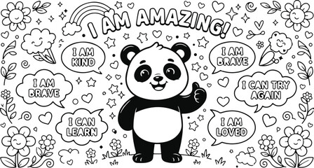A cute panda bear coloring page for children featuring positive affirmations and doodle patterns for creative artistic fun and relaxation © Rujina