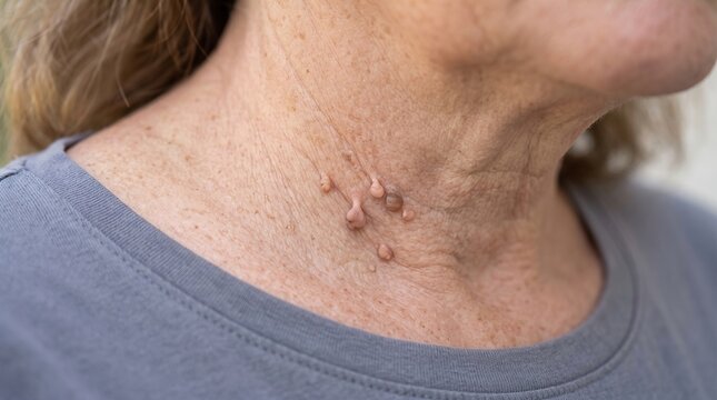 Close Up of Senior Woman Neck Showing Multiple Acrochordons and Skin Tags