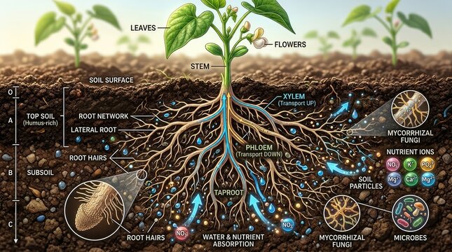 Illustration of a plant s structure and its interaction with the soil and nutrients, including the root network, taproot, lateral root, root hairs, mycorrhizal fungi, and nutrient absorption.