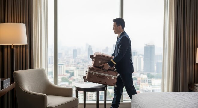 Professional hotel porter in uniform carrying luggage near a large window with city view