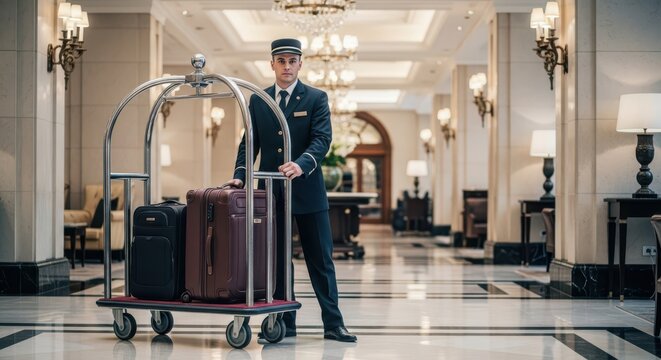 Professional hotel porter in uniform with luggage cart in a grand hotel lobby