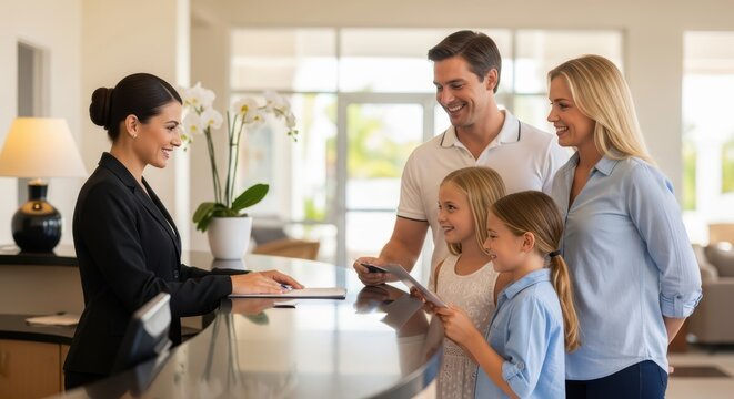 Professional hotel receptionist assisting a smiling family with check-in at a modern lobby desk