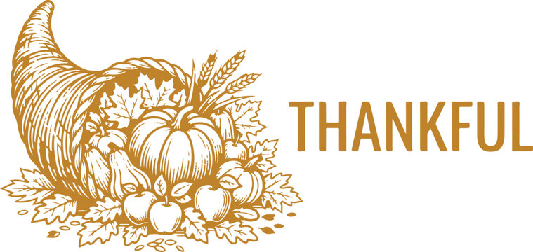 A vintage style hand drawn illustration of a cornucopia filled with autumn harvest vegetables next to the word thankful text