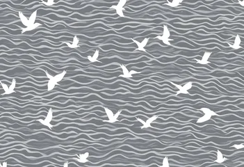 Abstract grey wave pattern with flying birds silhouette seamless background texture © RYOTA IWASAKI