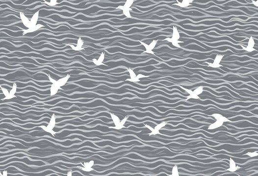 Abstract grey wave pattern with flying birds silhouette seamless background texture