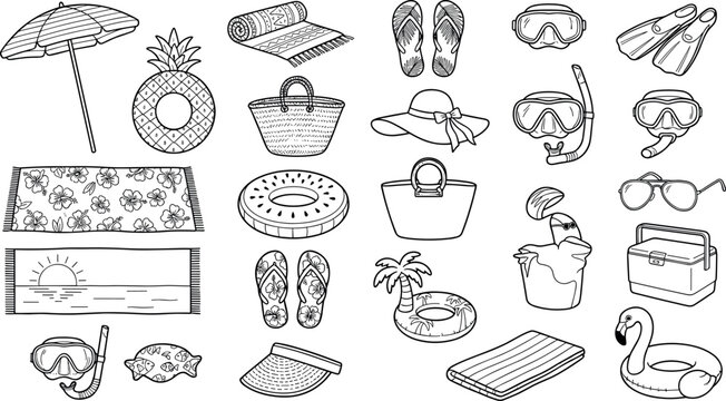 Beach Vacation and Summer Swimming Accessories Line Icon Set with Snorkeling Gear for Tropical Tourism Websites Apps Graphic Designs
