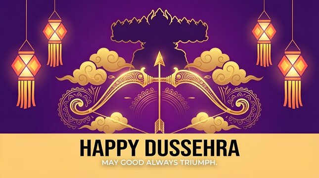 Vector illustration on the celebration of Indian festival Happy Dussehra. Bow and arrow with lighting over evil