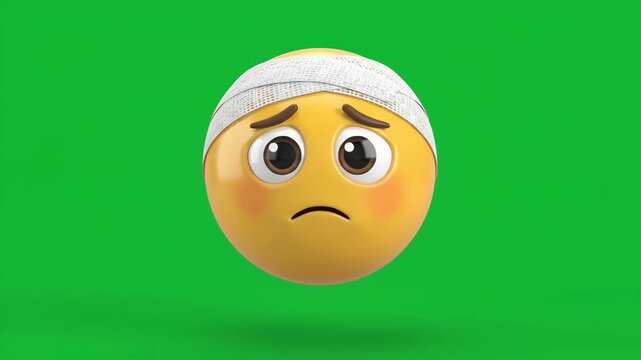 Sad emoji with a bandage on its head, symbolizing injury or pain, on a green screen background.