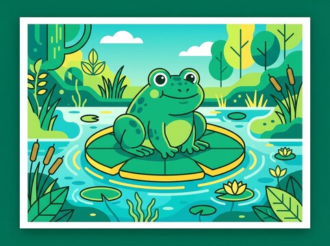 Cute Green Frog on a Green Leaf in a Pond, Cartoon Amphibian Wildlife Illustration with Water, Lily and Nature Elements for Fun Summer and Children's Designs