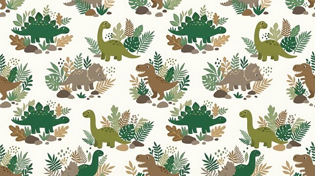 Cute seamless pattern with green cartoon dinosaurs plants and stones on white background,childish fabric design