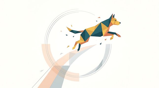 Colorful geometric dog jumping through agility hoop,modern low poly animal illustration in motion concept