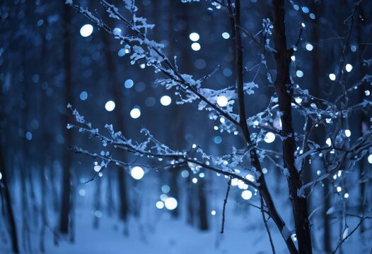 Frost-covered branches with beautiful bokeh lights in a dark winter forest scene