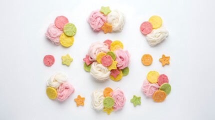 Fototapeta premium Top view of colorful crispy nest crackers with small flower shaped candies on white background,pastel sweet snack