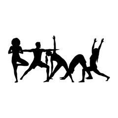 Fototapeta premium Group of silhouetted people practicing yoga poses together