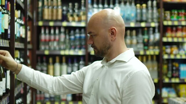 Bald man choosing a bottle of wine in a liquor store