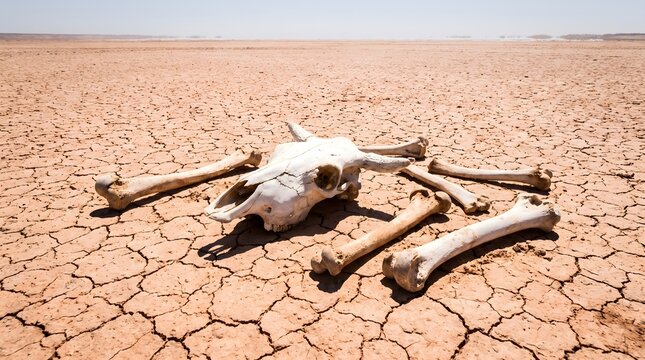 Sun-bleached animal skull and bones on severely cracked dry earth in a vast barren desert. Powerful concept of extreme drought, death, and global warming environmental crisis
