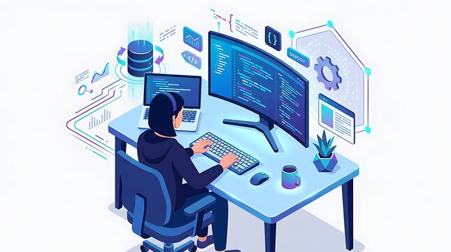 Isometric illustration of software developer coding at desk with dual monitors, programming and cybersecurity technology concept