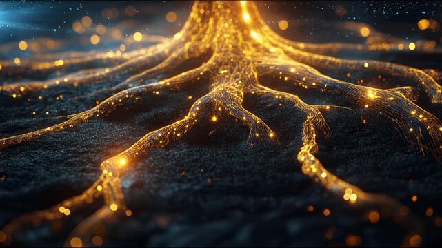 Macro Close Up of Glowing Golden Energy Roots Spreading with Luminous Data Pulse Animation