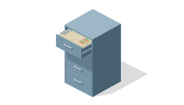 Blue metal filing cabinet with an open top drawer containing organized folders in a neat isometric view.