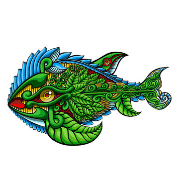 Colorful ornate fish illustration with tropical leaf pattern and zentangle tribal style, Intricate green and blue ornamental fish vector illustration with leaves motif and artistic zentangle design, A