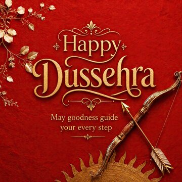 Happy Dussehra greeting card with golden bow and arrow on red background