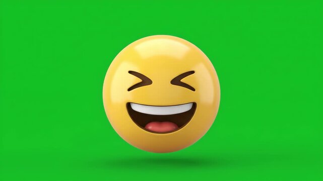 3D rendering of a laughing emoji face with closed eyes and wide open mouth on a green screen background, expressing joy and happiness.