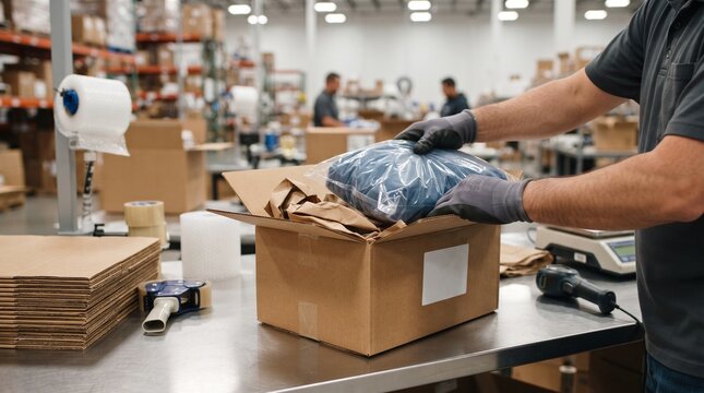 warehouse worker packing clothes in cardboard box for online shopping delivery