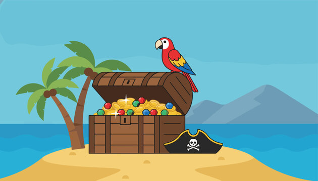 Pirate treasure chest filled with gold coins on a sandy beach next to a tropical parrot and a pirate hat.