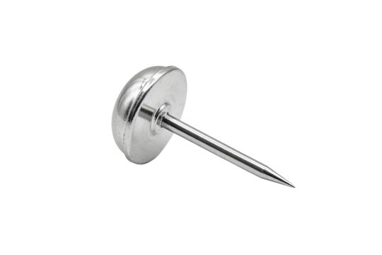 A single shiny silver metal thumb tack with a rounded head and sharp pointed tip isolated on a transparent background
