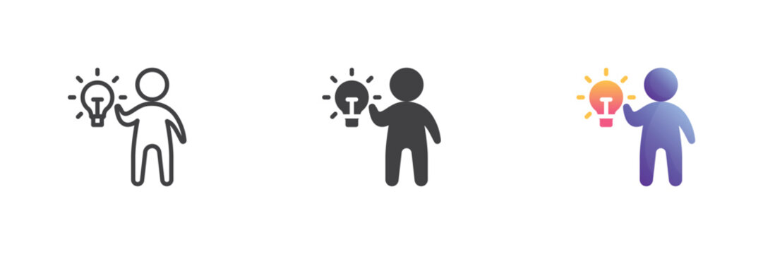 Idea man icon with light bulb in line, solid and flat colorful color vector sign symbol. Different style icon set: idea man, bulb thinker, innovation.