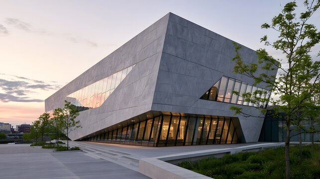 Modern angular building with gray stone facade and glass reflecting sunset sky  surrounded by landscaped greenery and paved walkways