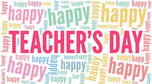Colorful word cloud design celebrating teacher day with the word happy repeated in various bright pastel colors background