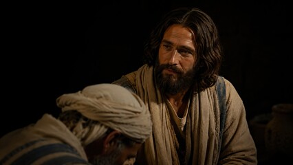 Fototapeta premium Jesus Christ talking with Nicodemus at night. Biblical scene of conversation between Jesus and Pharisee about being born again