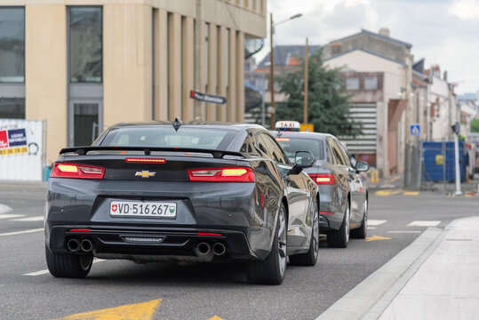 Nancy, France - June 11th 2019 : View on a grey Chevrolet Camaro 50th Anniversary finished in Nightfall Gray Metallic driving on a street.