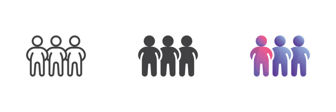 Crowd people icon with three standing figures in line, solid and flat colorful color vector sign symbol. Different style icon set: crowd, people, team.