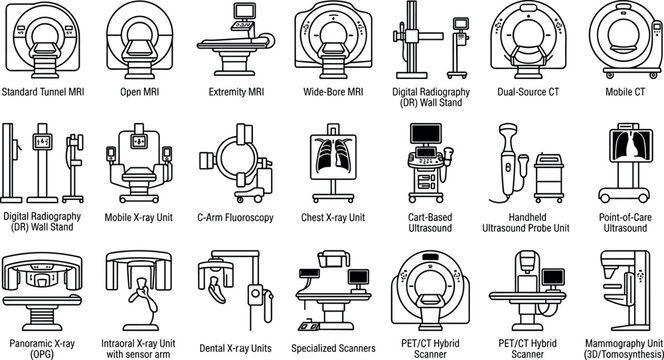 Medical Imaging and Radiology Scan Equipment Line Icon Set with MRI CT Xray Ultrasound Symbols for Hospital Clinic Websites Apps Graphic Designs