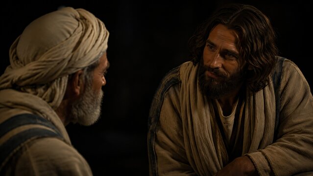 Jesus Christ talking with Nicodemus at night. Biblical scene of conversation about being born again and kingdom of God