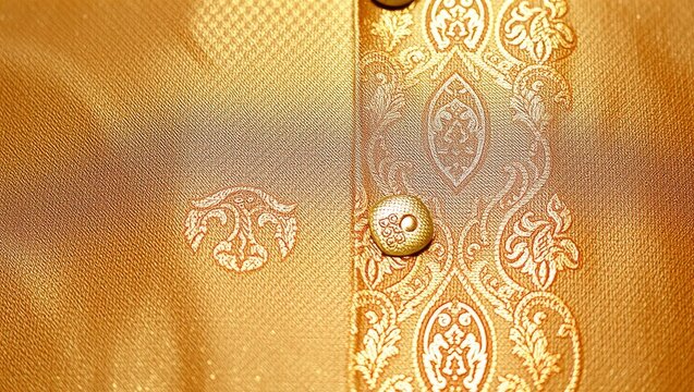 Elegant gold metallic zari weave with intricate royal damask patterns on luxurious fabric