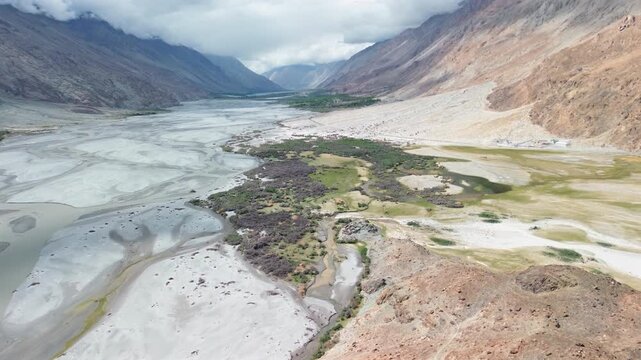 Wide high angle aerial static shot showing the braided channels of the Shyok river alongside green wetlands and sand patches bordered by massive mountains in Nubra Valley, Ladakh, India.