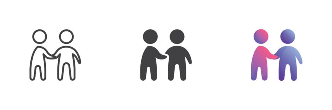 Partnership handshake icon shows two figures shaking hands in line, solid and flat icon color versions. Colorful vector sign and symbol for deal and trust.