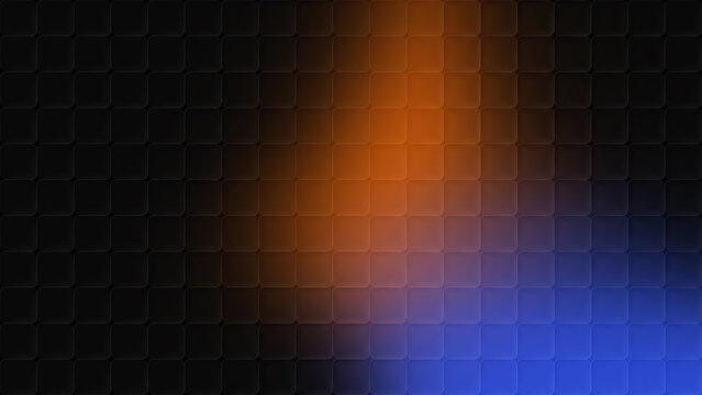 Dark cubic glass background with glowing orange and blue gradient light behind a rounded square tile grid.