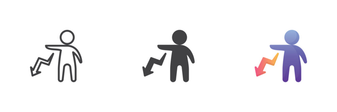 Decrease arrow man icon shows person beside falling arrow in line, solid and flat icon color versions. Colorful vector sign and symbol for decline, loss.