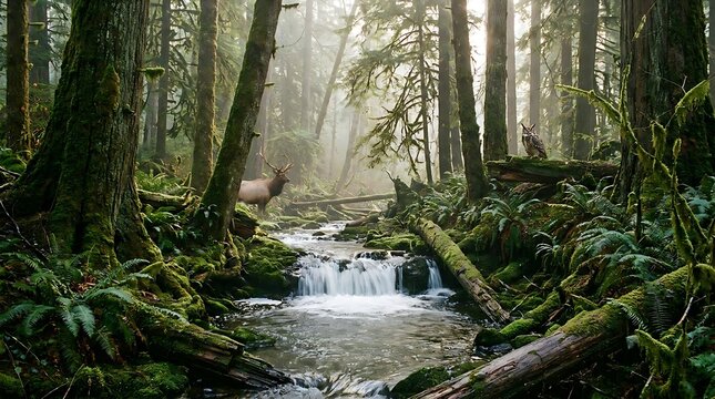 Scenic rainforest landscape with a flowing stream, lush green moss, a majestic elk, and an owl sitting on a branch. 