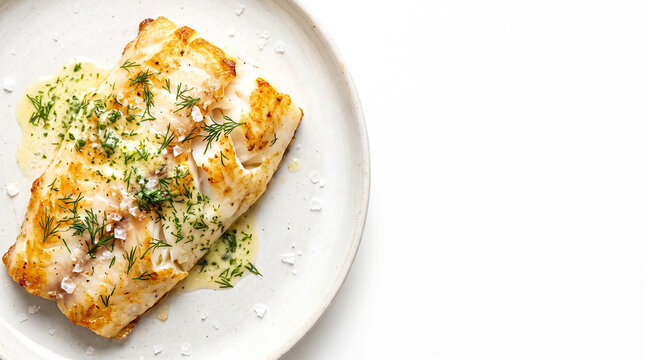Pan seared cod fish fillet with melted herb butter on white background with copy space