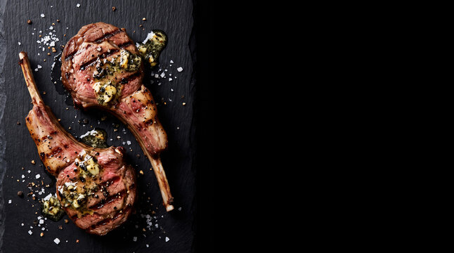 Grilled lamb cutlets with rosemary and flake salt on black background with copy space