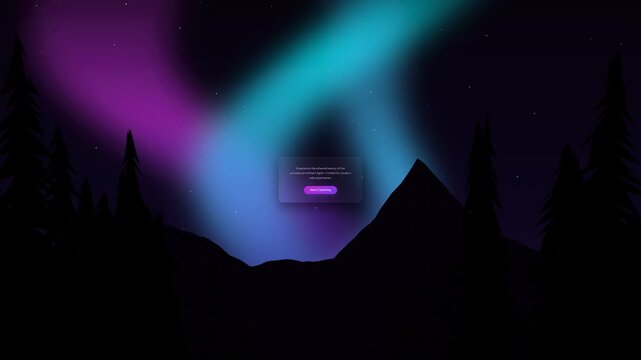 Enchanting night sky spectacle of vibrant purple and teal aurora borealis illuminating a serene mountain wilderness, framing a mysterious luminous interactive button hinting at digital connection