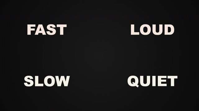 Minimalist typography design featuring contrasting concept words fast slow loud quiet on dark background